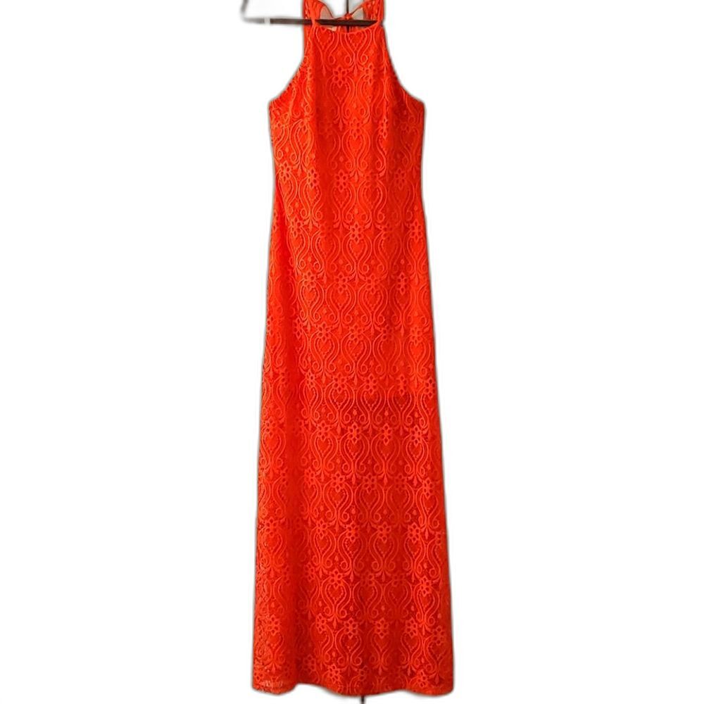 NWOT Bisou Bisou Coral Lace Maxi Dress — Stunning High-Neck Back Detail, Size 6